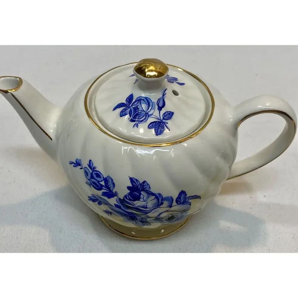 Windsor England Blue White Floral Teapot Individual Size Gold Trim